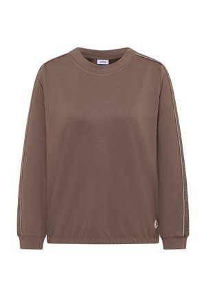 Braunes Sweatshirt mit langen Ärmeln und rundem Halsausschnitt, aus strukturiertem Stoff, mit seitlichen Streifen und Text sowie Logodetail am Saum.