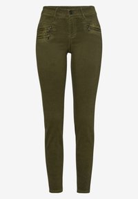 Jeans ajustados de color verde oliva con una textura suave, que cuentan con dos bolsillos con cremallera en la parte delantera y un cierre clásico de botón.