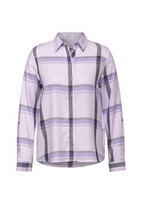 Chemise lilas boutonnée avec manches longues et larges rayures à carreaux gris et violet, col pointu et poignets à revers.