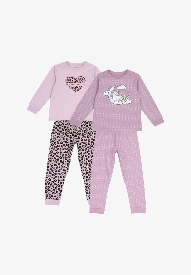 Tre delar pyjamas-set. Inkluderar en ljusrosa topp med ett hjärtmönster, byxor med leopardtryck och en rosa topp med en unicorn på månen. Prickar på byxorna.