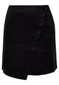 Jupe en lin noir avec fermeture à bouton sur le côté gauche, longueur mi-cuisse, texture lisse avec un léger éclat.