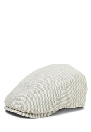 Beżowa płaska czapka z cienkimi brązowymi paskami, miękka tkanina i mały zakrzywiony daszek.