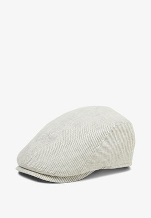 Beżowa płaska czapka z cienkimi brązowymi paskami, miękka tkanina i mały zakrzywiony daszek.