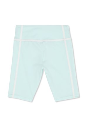 Lyseblå cykelshorts med høj talje og hvide lodrette striber langs siderne samt en vandret stibe under linningen.