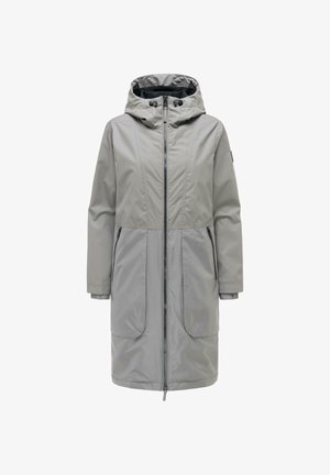 Hellgrauer langer Kapuzenmantel mit durchgehendem Reißverschluss vorne, zwei großen Fronttaschen und verstellbaren Kordeln an der Kapuze.