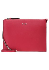 Red leather DKNY clutch bag with a smooth finish, rectangular shape, silver-tone chain strap, and logo embossed on the front.