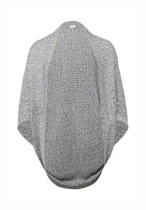 Szary dzianinowy kardigan na otwartej przodzie z teksturowanym wzorem i luźnym, luźno opadającym krojem.