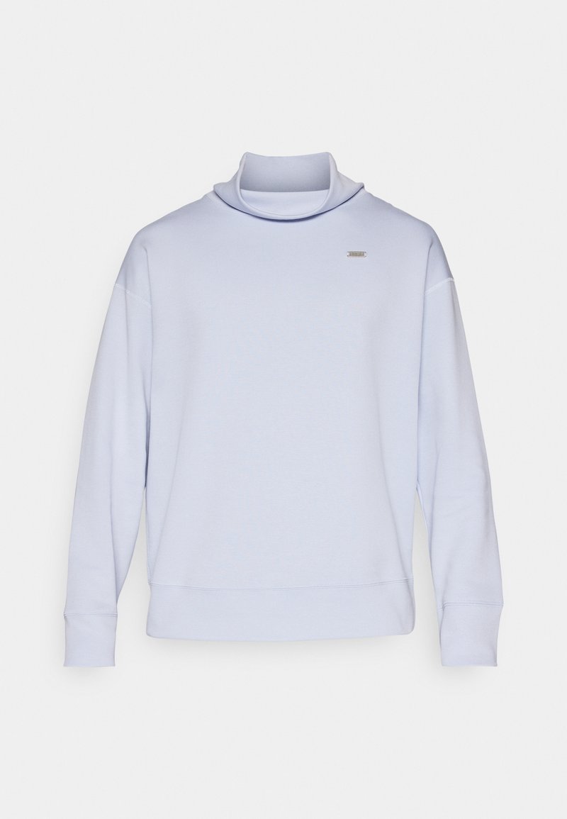 Felpa azzurra chiara a maniche lunghe con colletto alto e polsini a coste. Design semplice con un piccolo logo sul petto. Texture morbida.
