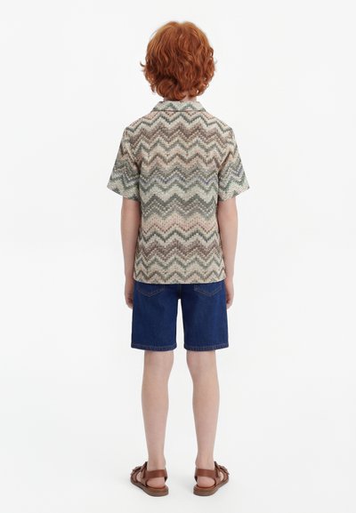 Παιδί με σγουρά κόκκινα μαλλιά, που φοράει κοντομάνικο πουκάμισο με ζιγκ ζαγκ σχέδιο, σκούρα μπλε σορτς και καφέ σανδάλια, στέκεται γυρισμένο από πίσω.
