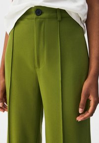 Green pleated trousers made of a smooth fabric, featuring a front pocket and a buttoned waistband. The cut is tailored for a relaxed fit.