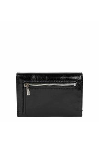 Portafoglio in pelle nera con texture liscia, caratterizzato da una tasca con zip sul davanti e dettagli di cucitura minimi. Forma rettangolare compatta.