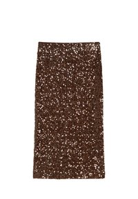 Brauner Pailletten-Bleistiftrock mit geradem Schnitt, der eine dichte, schimmernde Textur und einen glatten Bund aufweist. Keine sichtbaren Verschlüsse.