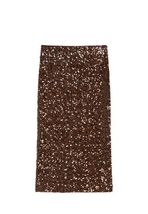 Brauner Pailletten-Bleistiftrock mit geradem Schnitt, der eine dichte, schimmernde Textur und einen glatten Bund aufweist. Keine sichtbaren Verschlüsse.