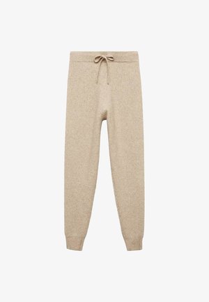 Beige, gerippte Strick-Jogginghosen mit einem elastischen Bund und Kordelzug. Enganliegende Bündchen an den Knöcheln, weiche Textur über die gesamte Hose.