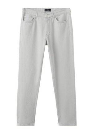 Jeans grigi chiaro a gamba dritta con cinque tasche, chiusura con bottoni e passanti per cintura, mostrati su sfondo bianco.