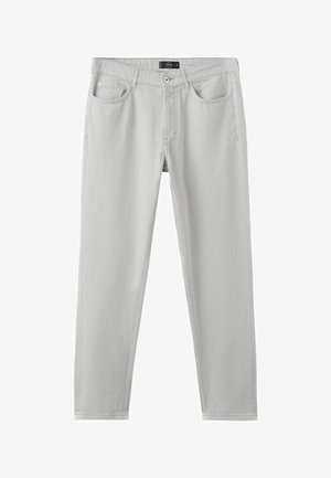 Light gray straight-leg jeans with five pockets, button closure, and belt loops, displayed against a white background.