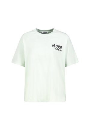 White short-sleeve T-shirt with crew neck, featuring black text "MORE PLEASE" on the upper left chest.