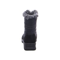 Botte d'hiver noire à hauteur mi-mollet avec une doublure en fausse fourrure grise visible autour du bord supérieur.