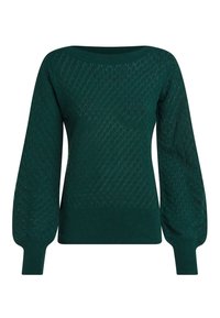 Pull en maille vert foncé avec motif en losange, manches longues bouffantes, poignets et ourlet côtelés.
