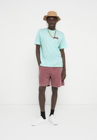 Μέντα πράσινο T-shirt με τυπωμένο λογότυπο, ροζ βελούδινα σορτς, άσπρα αθλητικά παπούτσια και καφετί καπέλο τύπου κάλπη με κορδόνι. Απλό λευκό φόντο.