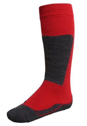 Rode en donkergrijze kniekous tot de knie met ribbelmanchet en versterkte hak; beschikt over een gevoerd gebied in donkergrijs voor comfort en duurzaamheid.