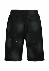 Zwarte sportshorts met een verfspetterontwerp in wit en grijs. Elastische tailleband met een achterzakdetail.