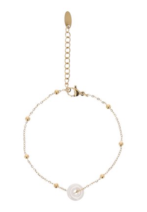 Finom aranylánc karkötő apró aranygyöngyökkel egyenletesen elosztva, középen egy fehér, spirál alakú medállal, állítható kapoccsal.