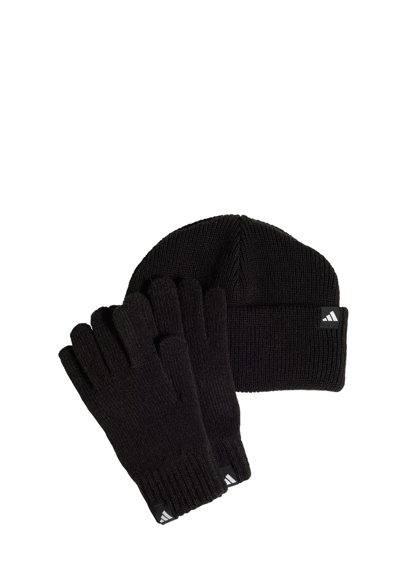 Black knit beanie and gloves set, made of textured fabric. Features ribbed cuffs and small logo accents on gloves and hat.
