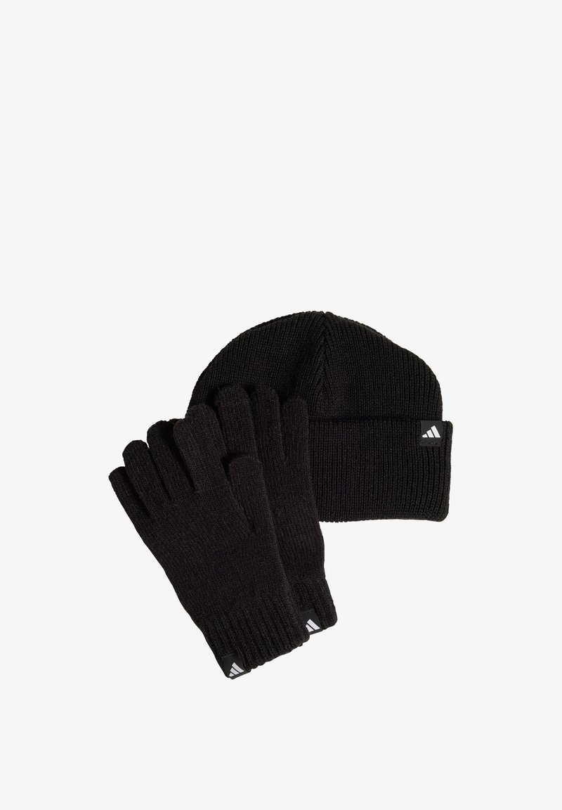 Black knit beanie and gloves set, made of textured fabric. Features ribbed cuffs and small logo accents on gloves and hat.