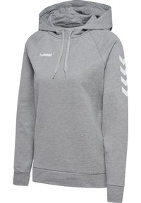 Sweatshirt cinza feito de tecido macio. Apresenta um capuz com cordão, logótipo branco no peito e padrão em chevron nas mangas. Corte casual.