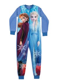 Tutina blu in felpa con Anna ed Elsa di Frozen, decorata con motivi di fiocchi di neve, chiusura con zip e polsini a costine sui polsi e sulle caviglie.