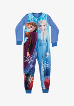 Tutina blu in felpa con Anna ed Elsa di Frozen, decorata con motivi di fiocchi di neve, chiusura con zip e polsini a costine sui polsi e sulle caviglie.