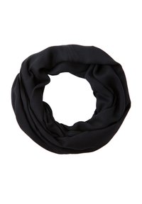 Czarny komin wykonany z miękkiego materiału, charakteryzujący się gładką fakturą i ciągłą pętlą, idealny do warstwowania i wszechstronnego zastosowania.