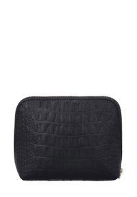 Čierna zipsová taštička vyrobená z textúrovanej syntetickej kože s krokodílim vzorom. Má zlatý zips a detaily šitia. Kompaktný dizajn.