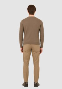 Maglione marrone a maglia con maniche lunghe, abbinato a pantaloni slim-fit beige e scarpe nere, visto da dietro. Design semplice e lineare.