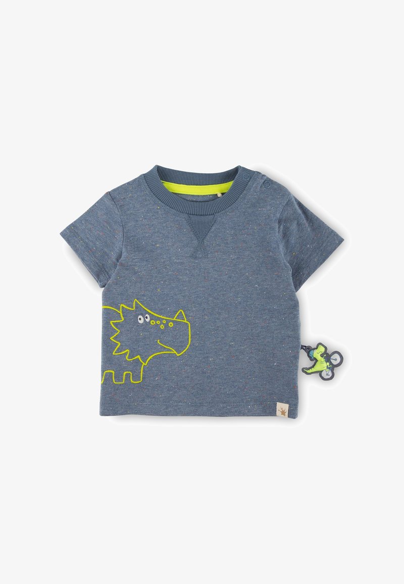 Blue short-sleeve t-shirt with light green dinosaur design on the front, textured fabric with colorful specks, and a green inner collar.