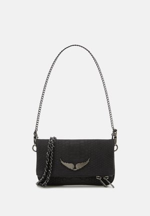 Black faux leather crossbody bag with a textured snake pattern, featuring a metal wing logo, silver chain strap, and zip closure.