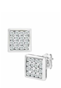 Srebrne kvadratne uške s mrežico prozornimi simuliranimi diamanti, z visokim sijajem in varnim zapiranjem na potisni mehanizem.