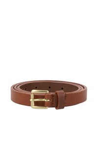 Brown leather belt featuring a gold-tone metal buckle, with multiple holes for size adjustment and a smooth, textured finish.