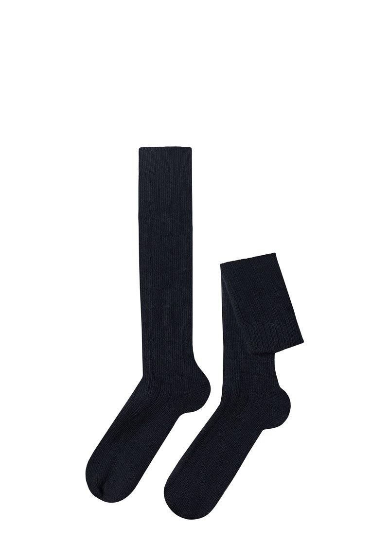 Calze di cotone nere a coste disponibili in due lunghezze: una al ginocchio e una alla caviglia. Entrambe presentano una texture morbida e un colore uniforme.