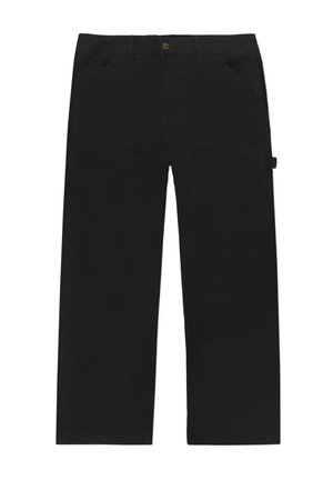 Czarne spodnie cargo o prostym kroju, z dwoma przednimi kieszeniami i kieszeniami bocznymi. Wykonane z trwałej tkaniny o subtelnej teksturze.