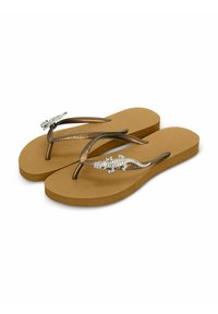 Tongs marron avec une semelle texturée. Les lanières sont en bronze métallique avec un accent décoratif en argent représentant un lézard, orné de strass.