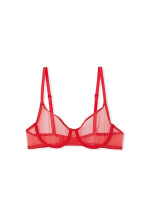 Bra rosso trasparente con ferretto, spalline regolabili e dettagli in satin. Presenta un design minimalista e un tessuto in rete morbido.