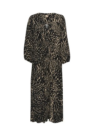 Leopardu raksta kleita melnā un bežā krāsā, izgatavota no viegla auduma. Tam ir garas piedurknes, V veida kakla izgriezums un saspringta josta, kas veido plūstošu siluetu.