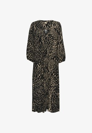 Leopardenmuster-Kleid in Schwarz und Beige, aus leichtem Stoff. Mit langen Ärmeln, einem V-Ausschnitt und einer taillierten Taille für eine fließende Form.