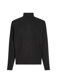 Sort langærmet top med høj krave, lavet af blødt materiale. Enkel design uden mønstre eller synligt tilbehør.