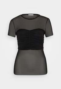 Top negro con mangas cortas transparentes, bodice fruncido y diseño ajustado. La mitad superior presenta una tela de malla texturizada.