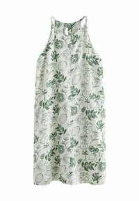 Groene gebloemde zomerjurk van een lichtgewicht stof, met verschillende tekeningen van planten en fruit. Verstelbare straps, knielange uitvoering.