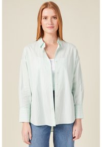 Camicia button-up a righe di un verde chiaro con maniche lunghe e vestibilità rilassata, abbinata a un top bianco e jeans blu.
