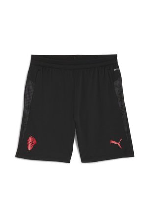 Black athletic shorts made of moisture-wicking fabric, featuring red logo accents and patterned side panels for added texture.